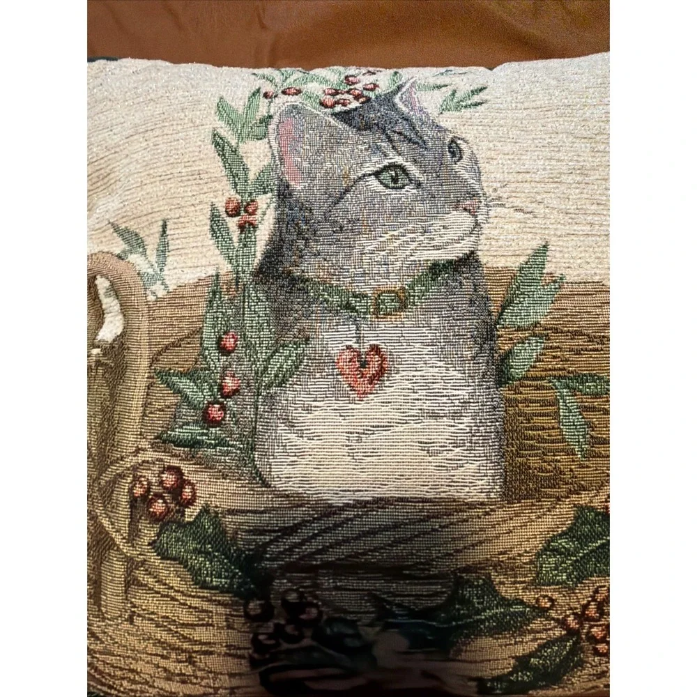 Vintage Debbie Cook Cat In Basket Tapestry Pillow With Bird Cottage Core